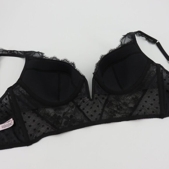 Victorias Secret 34C Bra Dream Angels Black Polka Dot Mesh Flower Lace Underwire - Picture 8 of 16